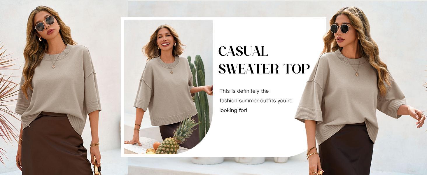 Saodimallsu Women's Short Sleeve Oversized Cropped Baggy Loose Basic Round Neck Lightweight Knit Top - Casual Women's Clothes for Summer,back to school,back to school shopping, Knitwear,clothes for back to school,first day of school outfits