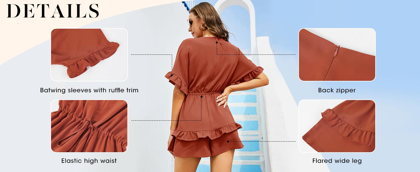 Goranbon Womens V Neck Beach Romper Ruffle Layered Drawstring Waisted Shorts Jumpsuit