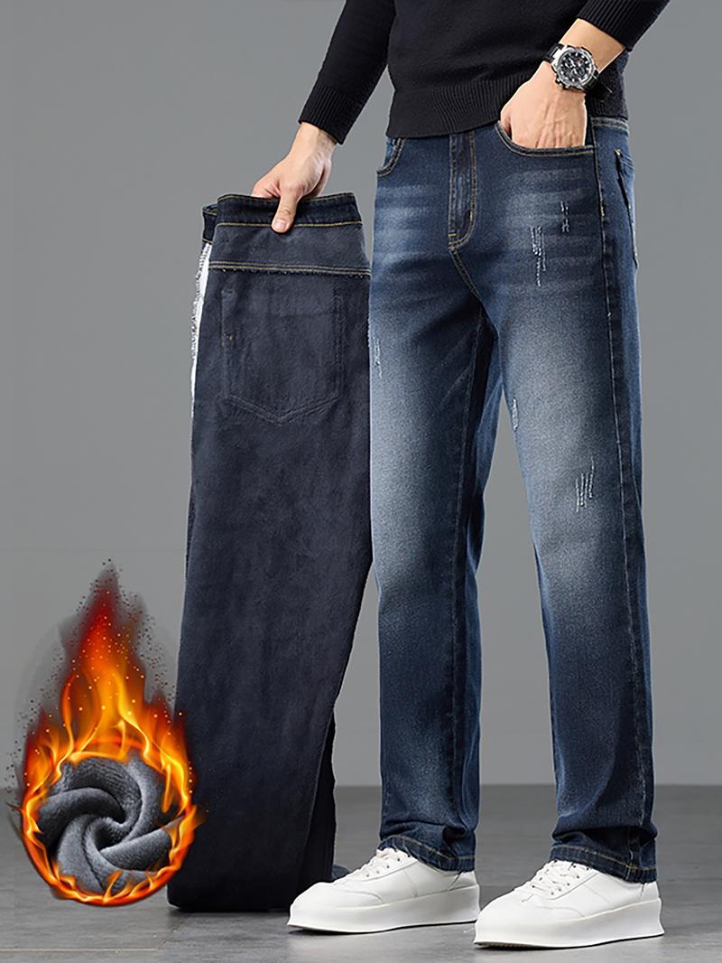 Men's Washed Denim Jeans, Thickened Fleece Lined Straight Leg Casual Pants, Fall Winter Fashion, Slimming & Height-Enhancing Design