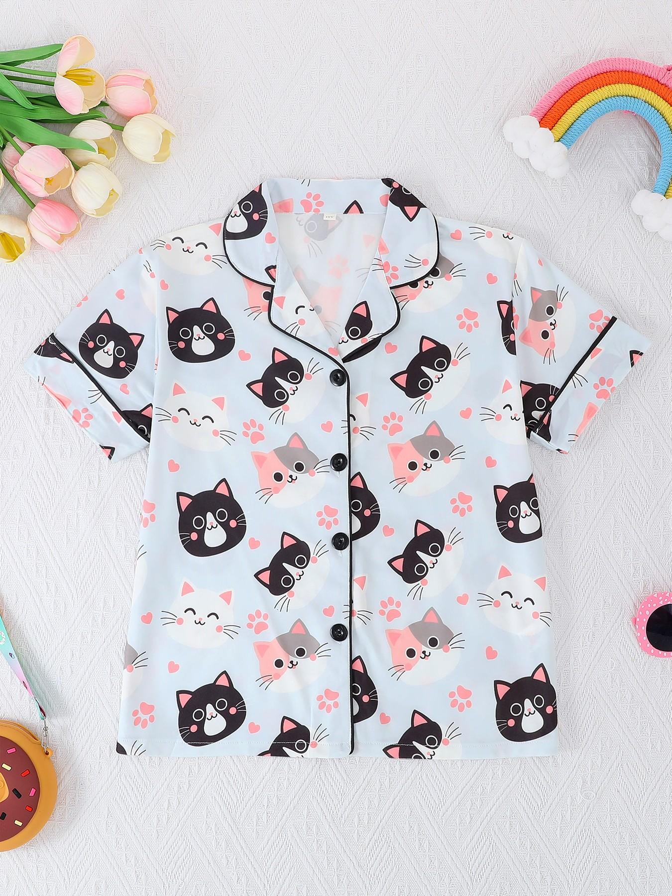 2-Piece Kids Pajama Set, Cartoon Cat Footprint Pattern, Fashion Open-Cardigan Short Sleeve, Flame-Retardant Knit, All Seasons, Party Gift