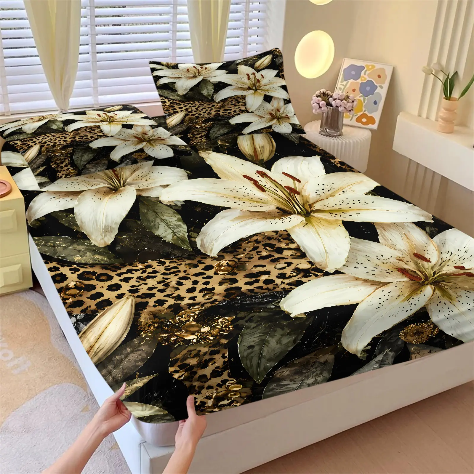 Vintage Black-Gold Leopard Lily Fitted Sheet Set, Soft, Skin-Friendly, Breathable & Elastic Fabric, Romantic Large Lily Floral Full Print, Unique Bedding Decor For Bedroom & Dorm Bedsheets