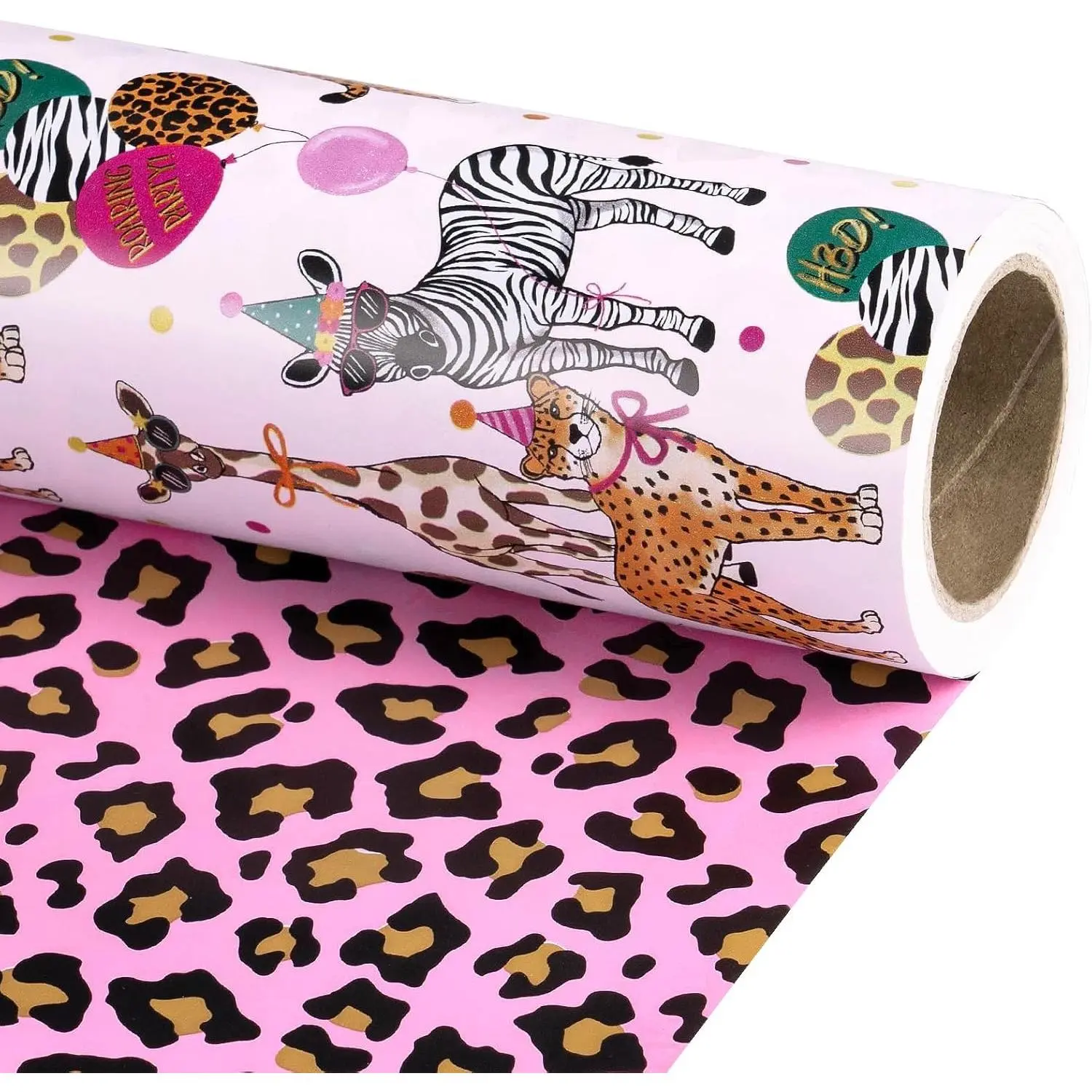 Reversible Birthday Wrapping Paper Roll, Mini Roll, Safari Animals Party Design & Pink Leopard Print Gift Wrap for Girls Birthday Party, Baby Shower, 17 Inches x 16.4 Feet