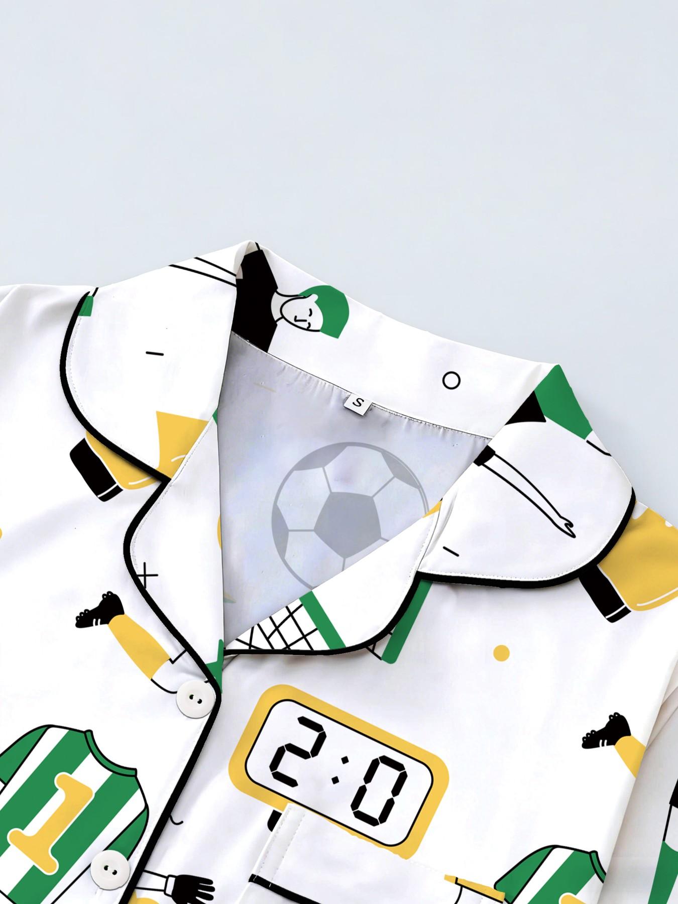 Women's Short Sleeve Button Down Top and Shorts Pajama Set, Spring Summer Wear, For Soccer Football Fans, White Base Yellow Green Soccer Game Print, Classic Lapel Collar, Loose Fit, Comfortable For Home & Game Nights