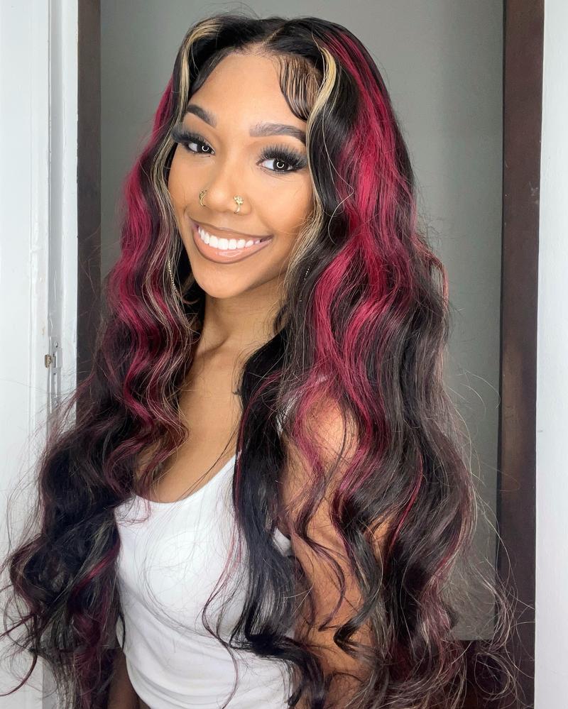 Highlight Blonde with Red Human Hair Wigs Transparent 13x4 Lace Frontal 180 Density Black Red Stripe Wig Pre Plucked Brazilian Body Wave Lace Front Wig