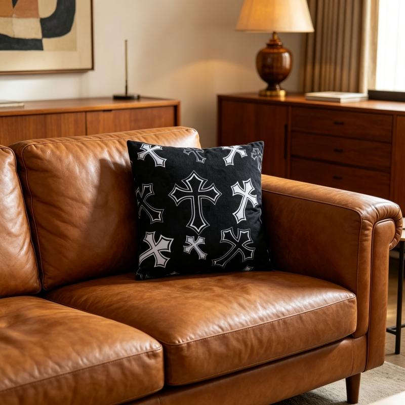 Vintage Gothic White Cross Black Throw Pillow Cover, Soft Plush, Material 18"×18" Single Sided Printed Cushion Cover with Hidden Zipper, Emo Punk Room Decor Gift. (No Filler Included)#GothicHomeDecor #PunkDecor #CrossPillow #ThrowPillowCover