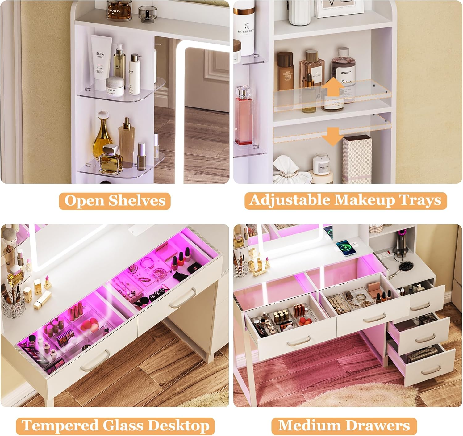 Vanity Desk with Mirror and LED Lights, 57.5" Makeup Vanity with Glass Top & Wireless Charging, Vanity with RGB Drawers, 3 Colors Light, Power Outlet Safety Switch for Bedroom, White