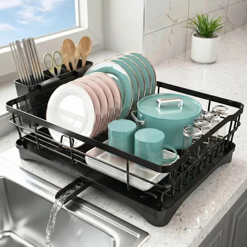 1pc  Large metal drain rack with drain pan, rust proof kitchen storage rack, saving countertop space for utensil storage, black dish rack