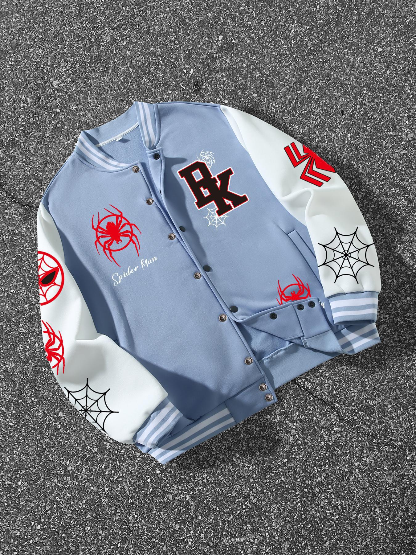 Spider-Man Street Style Baseball Jersey Jackets, Patchwork Sleeves, Full Spider Logo, Fitted Design, Fall & Winter Fashion