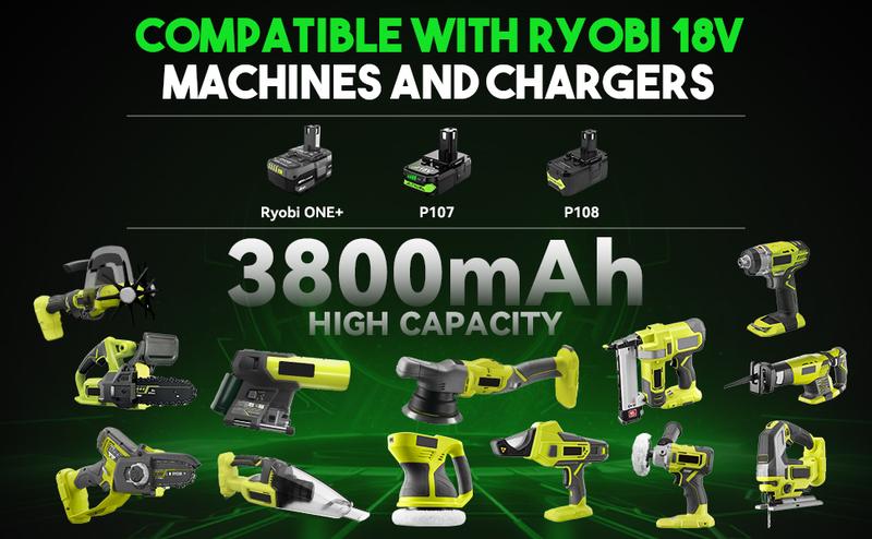 3800mAh 2Pack P102 Replacement for Ryobi 18vBattery Lithium-ion Battery for Ryobi 18V ONE+ Battery with Charger for Ryobi P117 P118 P108 P107 P104 P105 P103 for Ryobi 18v Cordless Tool Battery