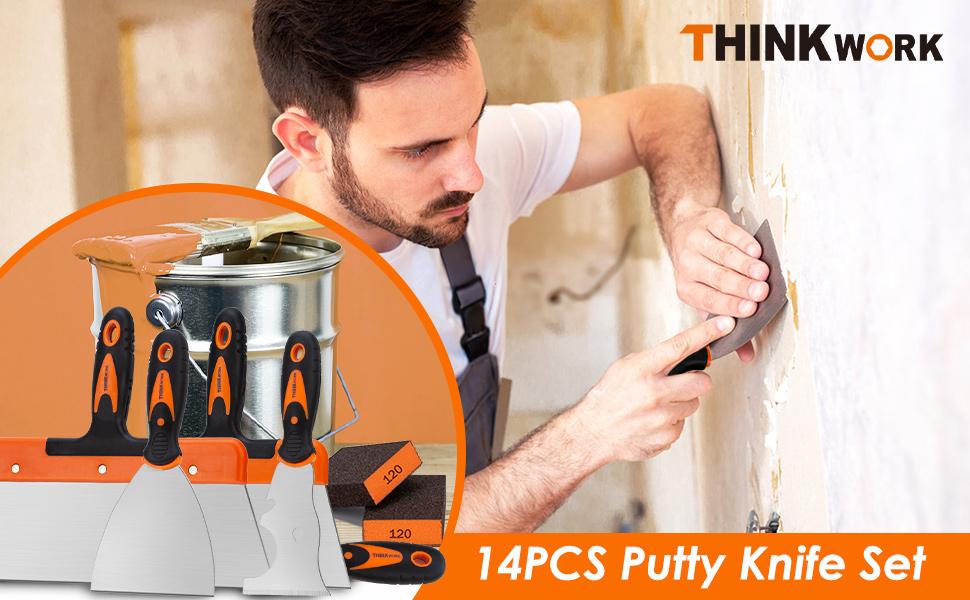 THINKWORK 14Pcs Stainless Steel Drywall Tool Set with 9 Putty Knives 3 Paint Brushes & 2 Sanding Sponges for Home Improvement Repair & Painting THINKWORK 14Pcs Stainless Steel Drywall Tool Set with 9 Putty Knives 3 Paint Brushes & 2 Sanding Sponges for Home Improvement Repair & Painting