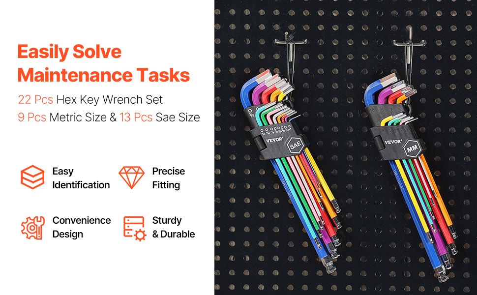 VEVOR CR-V Alloy Foldable L-Shaped Corner Hex Key Allen Wrench Set, 22 Pcs Color-Coded SAE (0.050-3/8 in) & Metric (1.5-10 mm) Ball End Tip Extended Handle for Bicycle Repair, Household Use