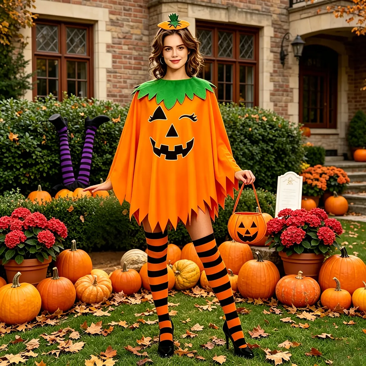 4-Piece Adult Women Pumpkin Halloween Costume Set, One Size Fits Most, Pumpkin Cape, Pumpkin Headband, Striped Socks and Candy Bag, Spooky Season Dress Up Outfit for Trick or Treat & Halloween Party