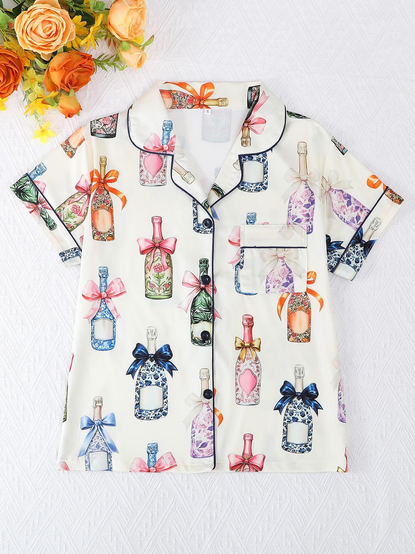 Three Pieces Pajama Set, Casual Women's Sleepwear, Cartoon Print, Fitted, All Seasons, Short Sleeve Top and Comfortable Pants