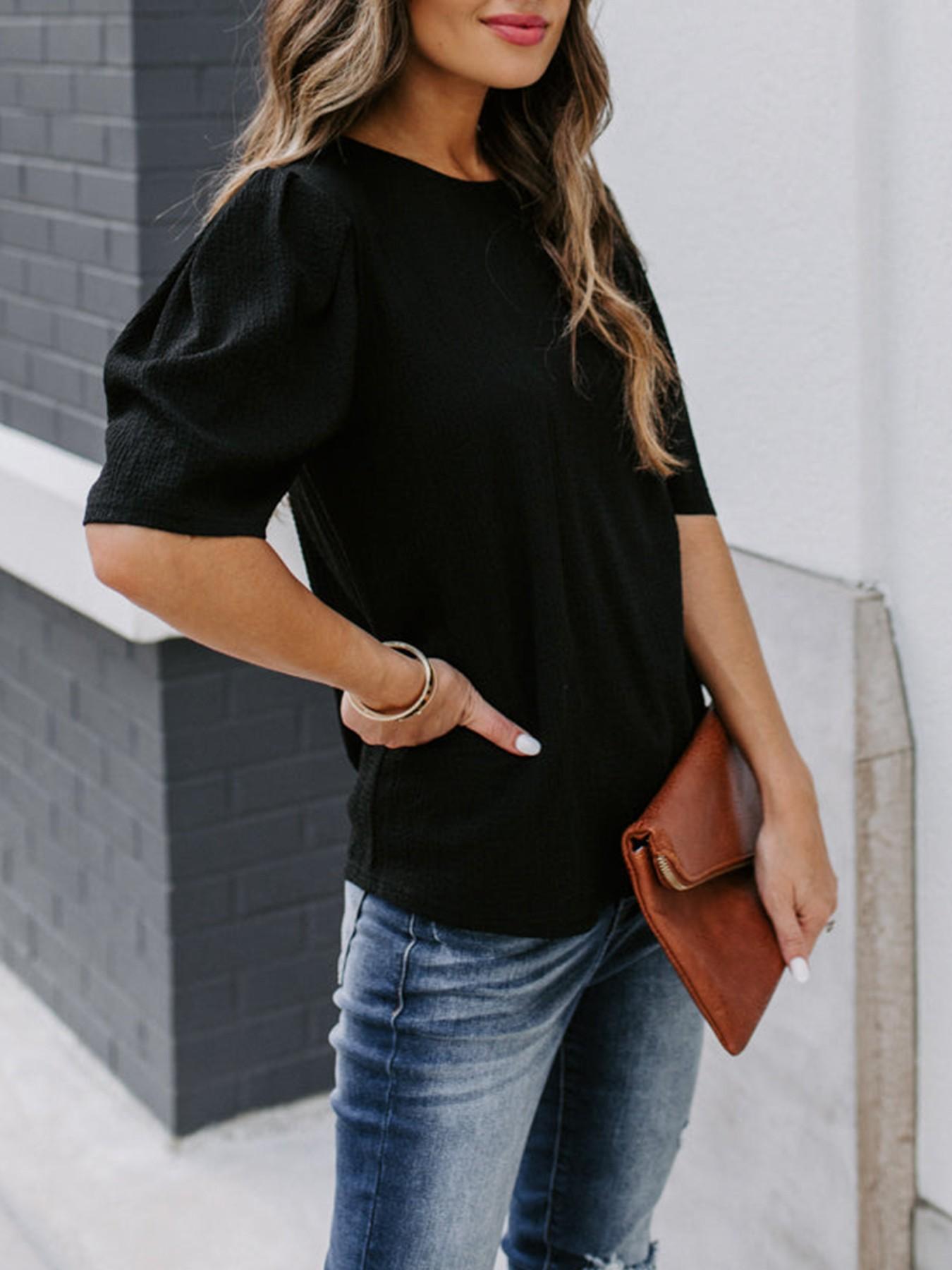 French Bubble Sleeve Solid Color T-Shirt for Women, Summer Simple Round Neck Short Sleeve Top, European and American Style Casual Basic Shirt