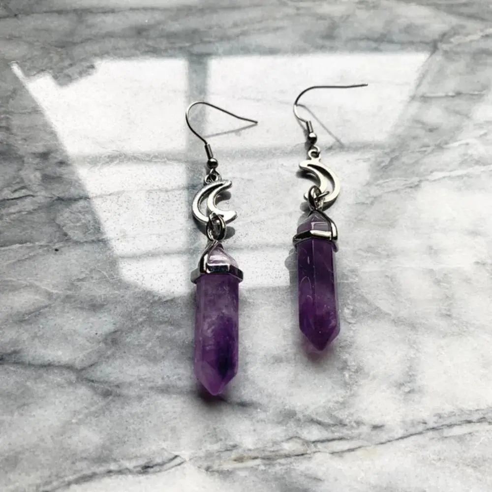 Gothic Fashion Hollowed-out Crescent Moon Natural Amethyst Hexagon Prism Pendant Dangle Earrings for Women Retro Jewelry Gifts