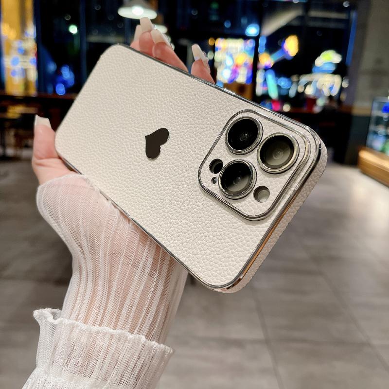 Luxury Solid Color Leather Plating Border Love Logo Phone Case For iPhone 16 Pro Max 14 11 12 13 15 Pro Max Bumper Back Cover