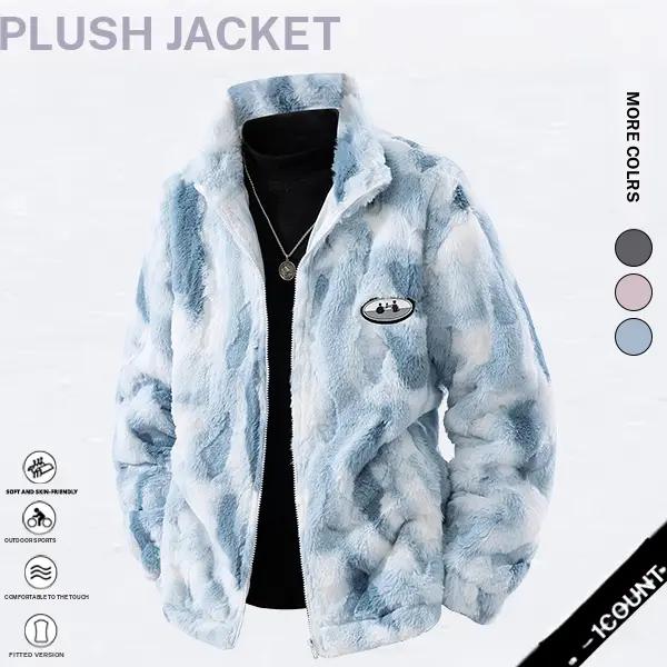 Men's Friendship lasts forever chest badge Thickened warm plush jacket, Warm Windproof Coat with Pockets, Casual Fall & Winter Outerwear, Long Sleeve Zipper Design Menswear