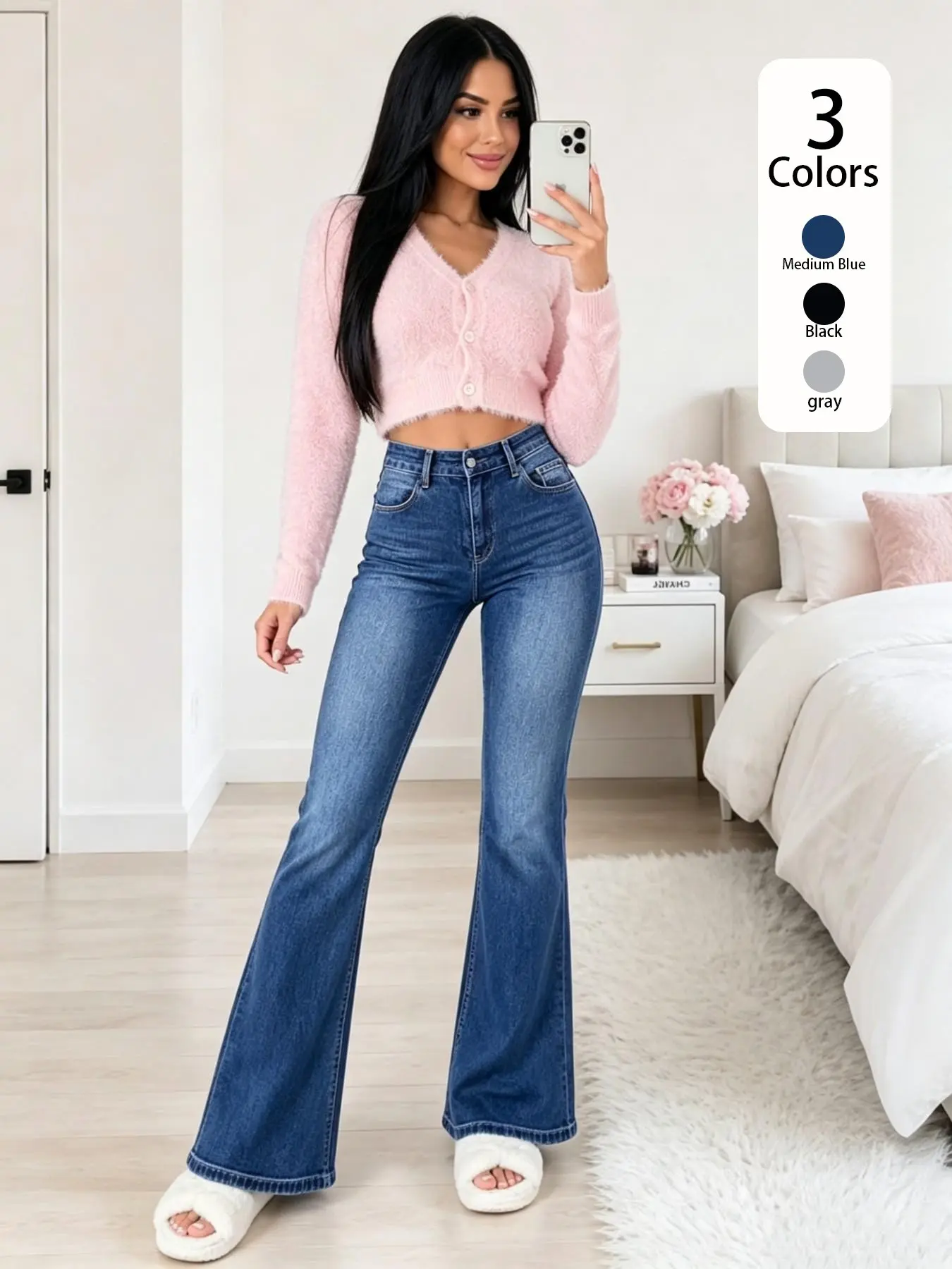 Women's Elastic Micro Flare Jeans, Slim-Fit Elegant Bell Bottoms, Urban Fashion Essential, Daily Commute & Casual Outing, All Seasons