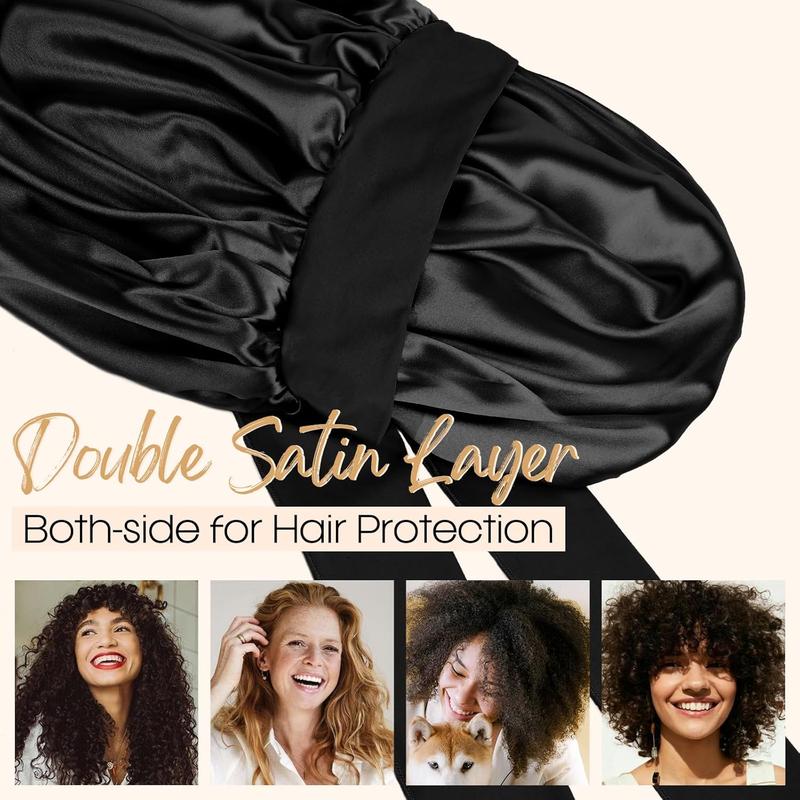 Satin Bonnet Silk Bonnet for Sleeping Double Layer Satin Lined Hair Bonnet with Adjustable Silk Bonnet with Elastic Tie Band for Women, Sleep Bonnets, Heatless Curling Set