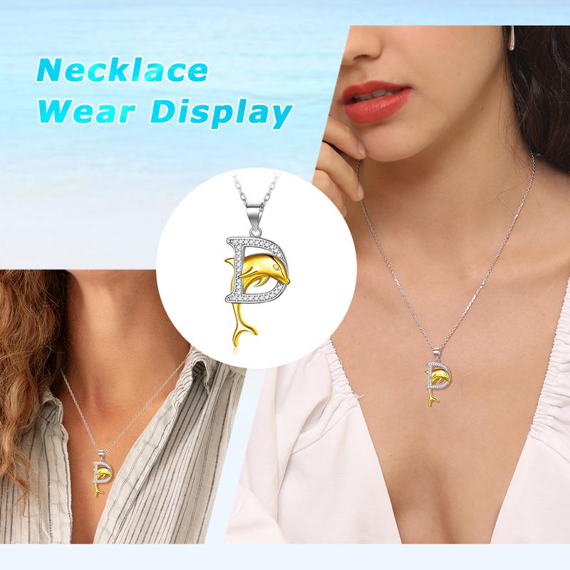 FindChic D Initial Letter Necklace with Dolphin Golden Pendant Necklace For Women Men