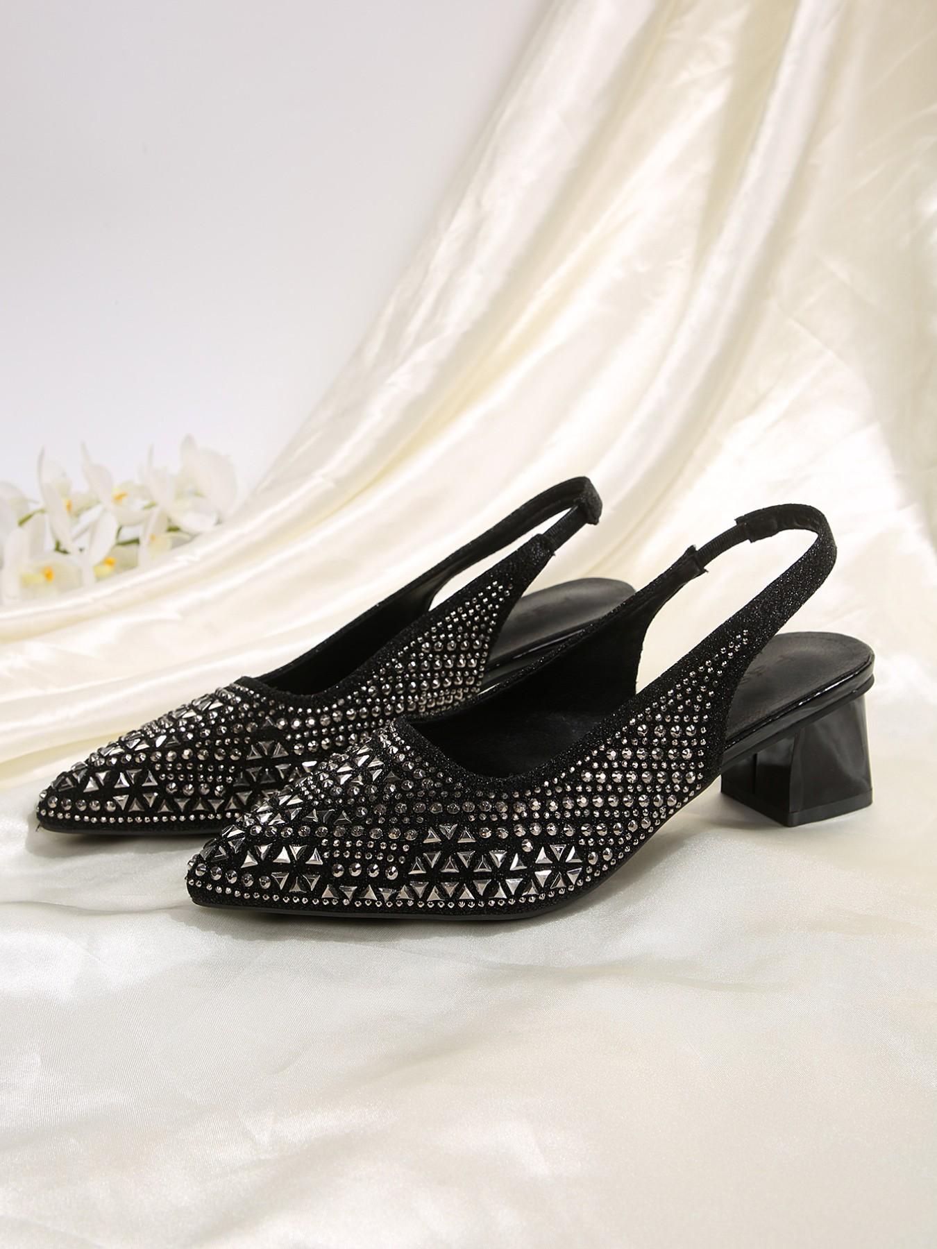 YYW1 Women's Pointed Toe Chunky Heel Slip-On Shoes, Textile Upper, TPR Sole, Elegant Comfortable Casual Wear & Party Footwear