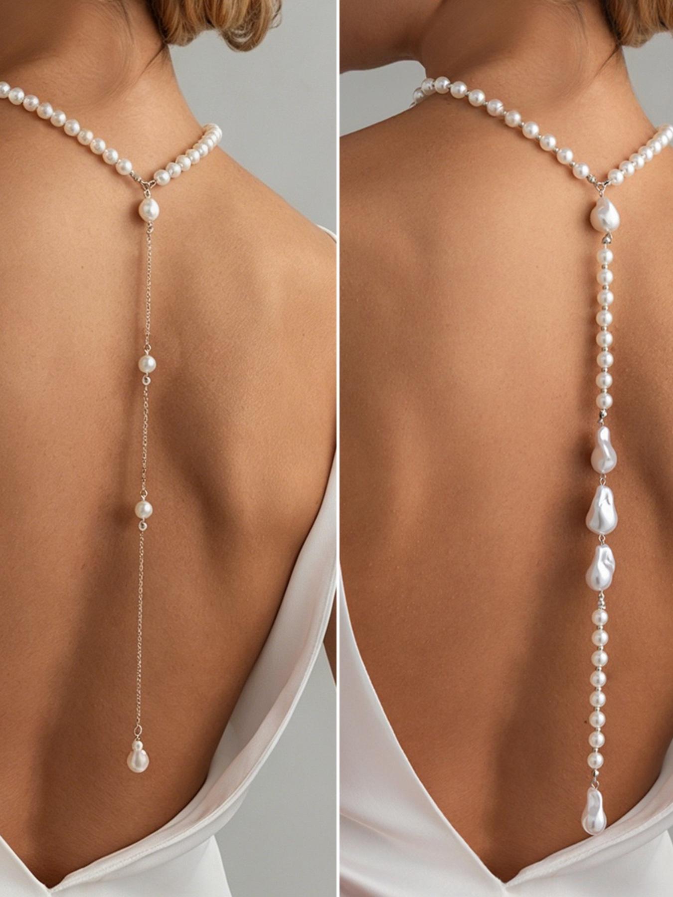 Pearl Back Drop Back Necklace, Dainty Long Body Chain Jewelry for Women, Elegant Backless Dress Accessories, High Quality Body Jewelry
