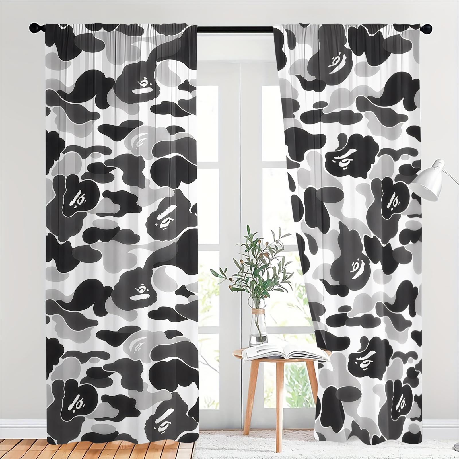 Trendy Black White Camouflage and Animal Silhouettes Curtains Home Decoration Curtain-Two-Piece Rod Pocket Design No Drilling Installation-Privacy Blocking Decorative Drape-Boys Bedroom/Designer Toy Display Room/Gaming Room Decor Window Drapes