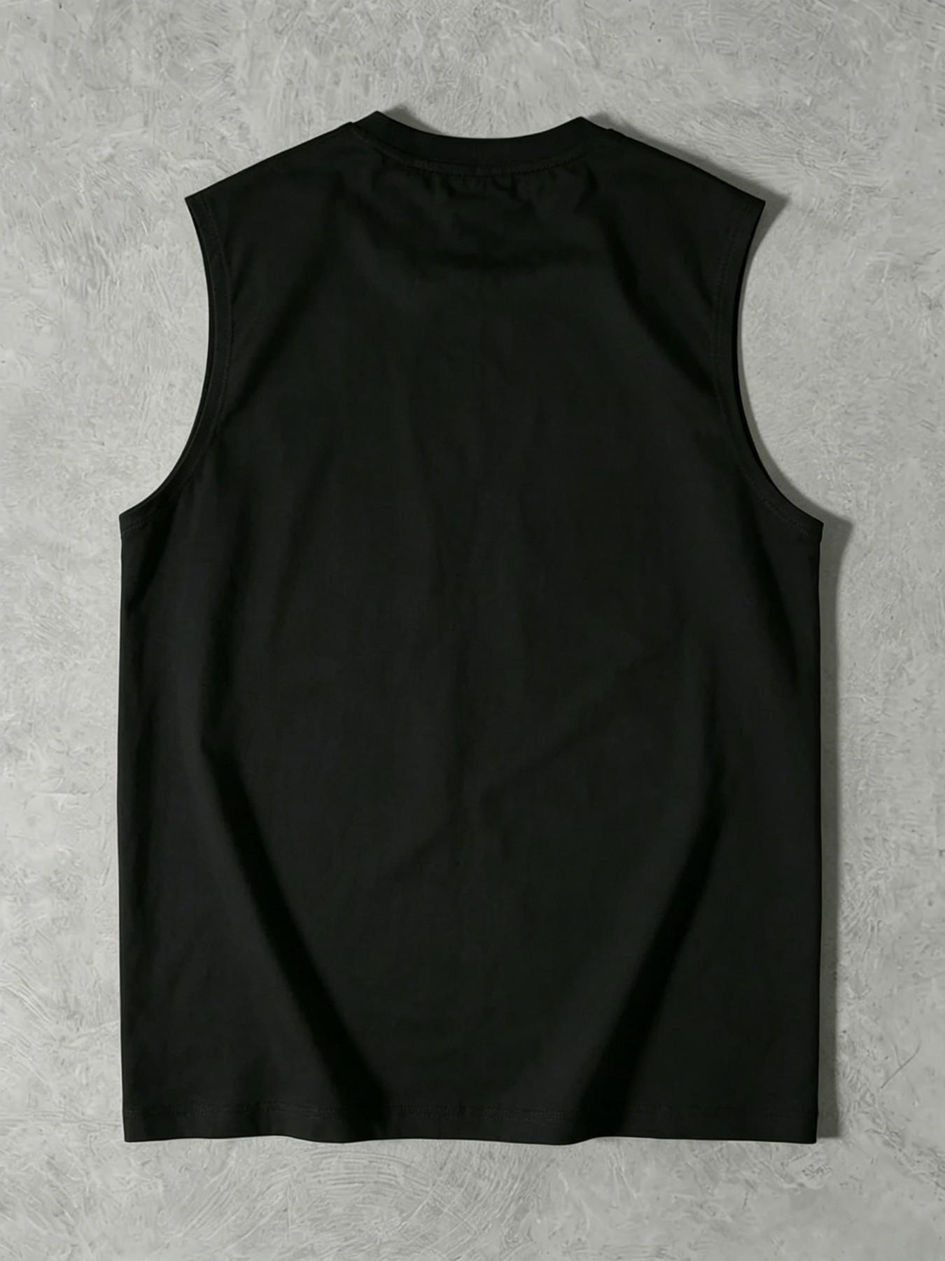Men's Fashion Back Print Round Neck Wide Shoulder Vest, Casual Loose Fit, Plain Pattern, Perfect for Daily Wear