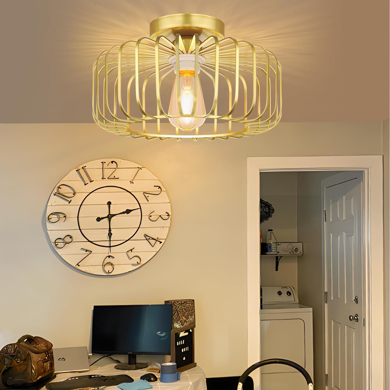 Serbasic Semi-Flush Mount Ceiling Light Fixtures Modern Gold Ceiling Light E27 Base Round Lampshade Chandelier for Hallway Bedroom Foyer Living Room Dining Room Kitchen