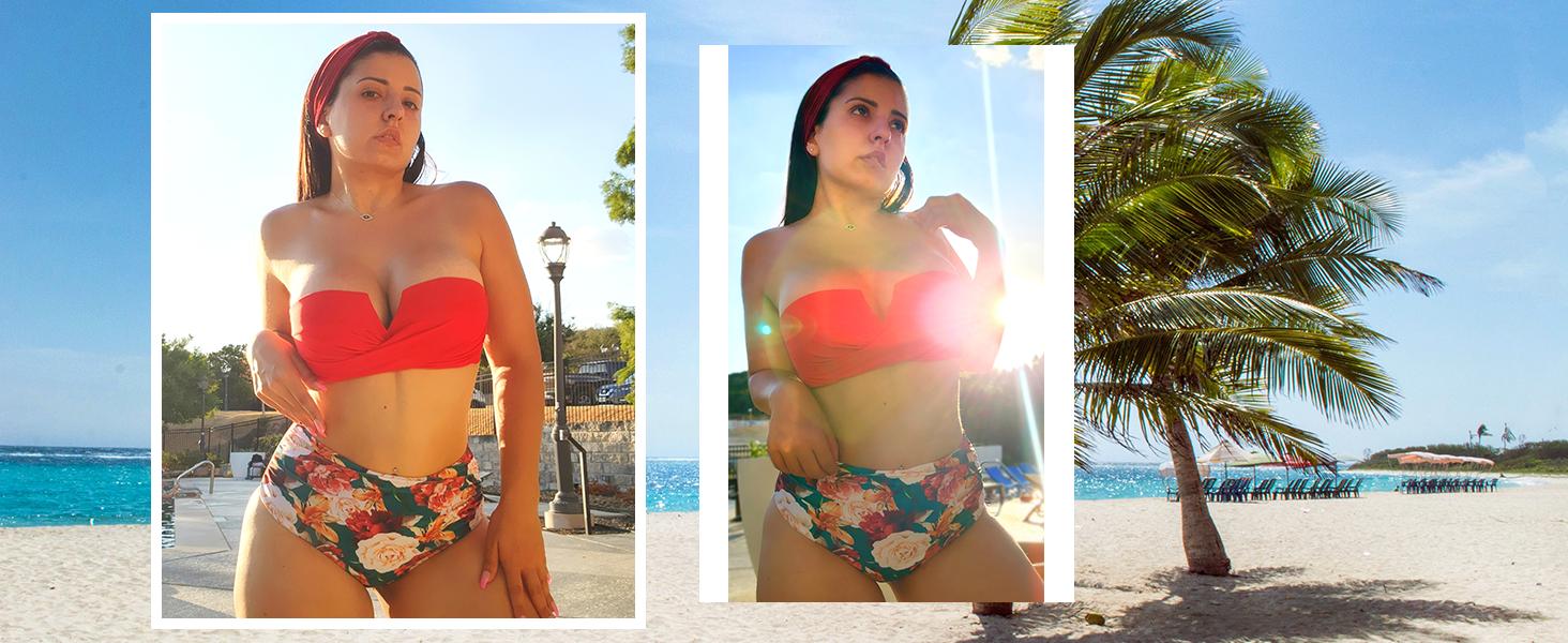 Hilor Womens Bandeau Two Piece Bikini Set High Waisted Swimsuits Sexy Push Up Two Piece Bathing Suits Front V Wire