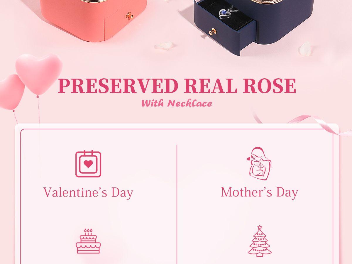 【Real Rose Box】DEEMEI Eternal Rosa Preserved Forever Pendant with Necklace Best Gift for Mom Wife GirlFriend Sister Her in Anniversary Mother's Day