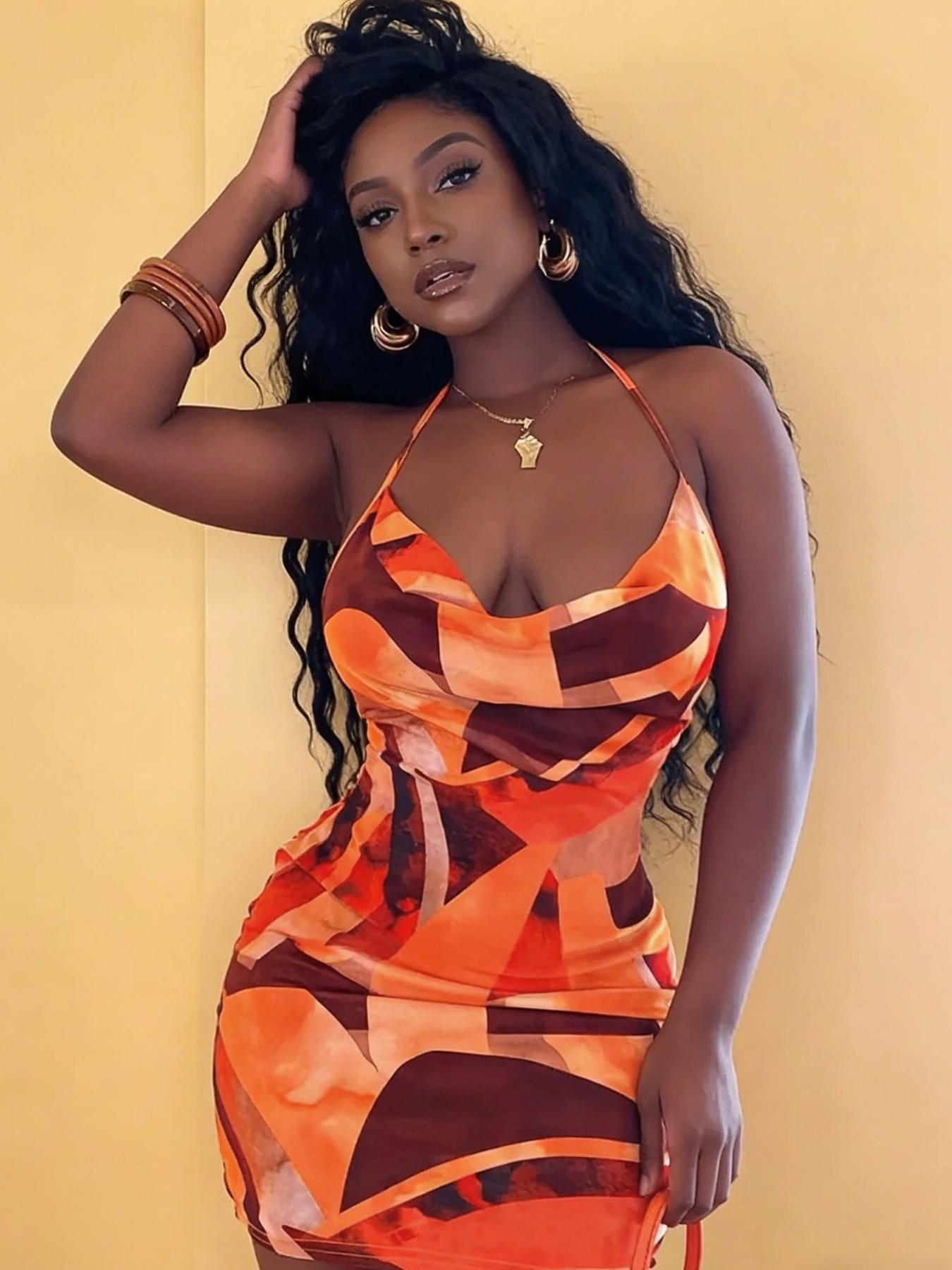 A set of women's casual contrasting printed neck hanging dress with a spicy girl style deep V slim fit hip hugging short skirt for vacation and dating, suitable for summer, suitable for home, indoor, and outdoor wear