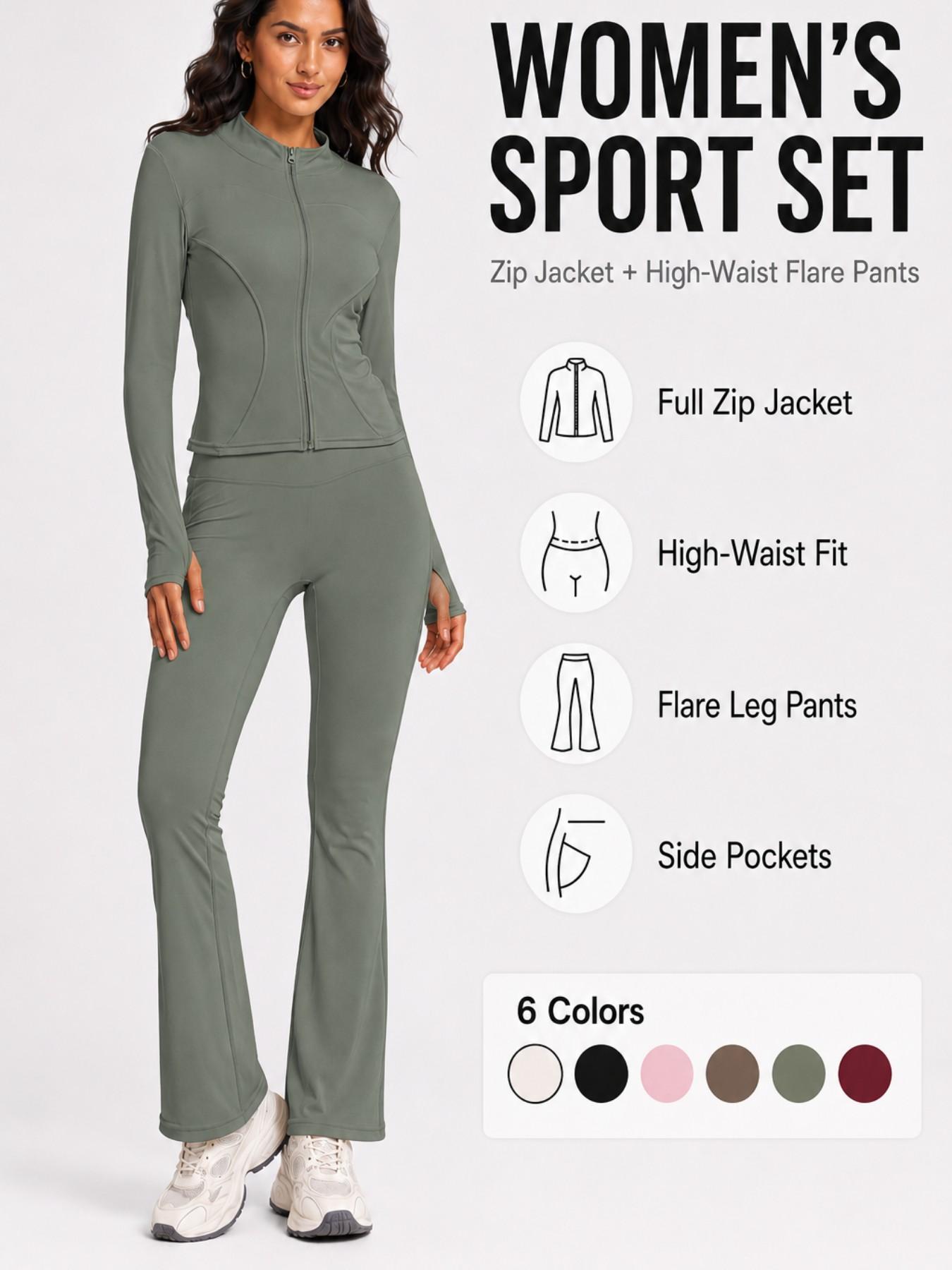 Women's Sport Set 2 Piece Outfits, Slim Fit High Stretch Activewear Running Zip Up Jacket and High Waist Flared Yoga Pants Tracksuit with Pockets Sportswear Set Athletic Clothes Set