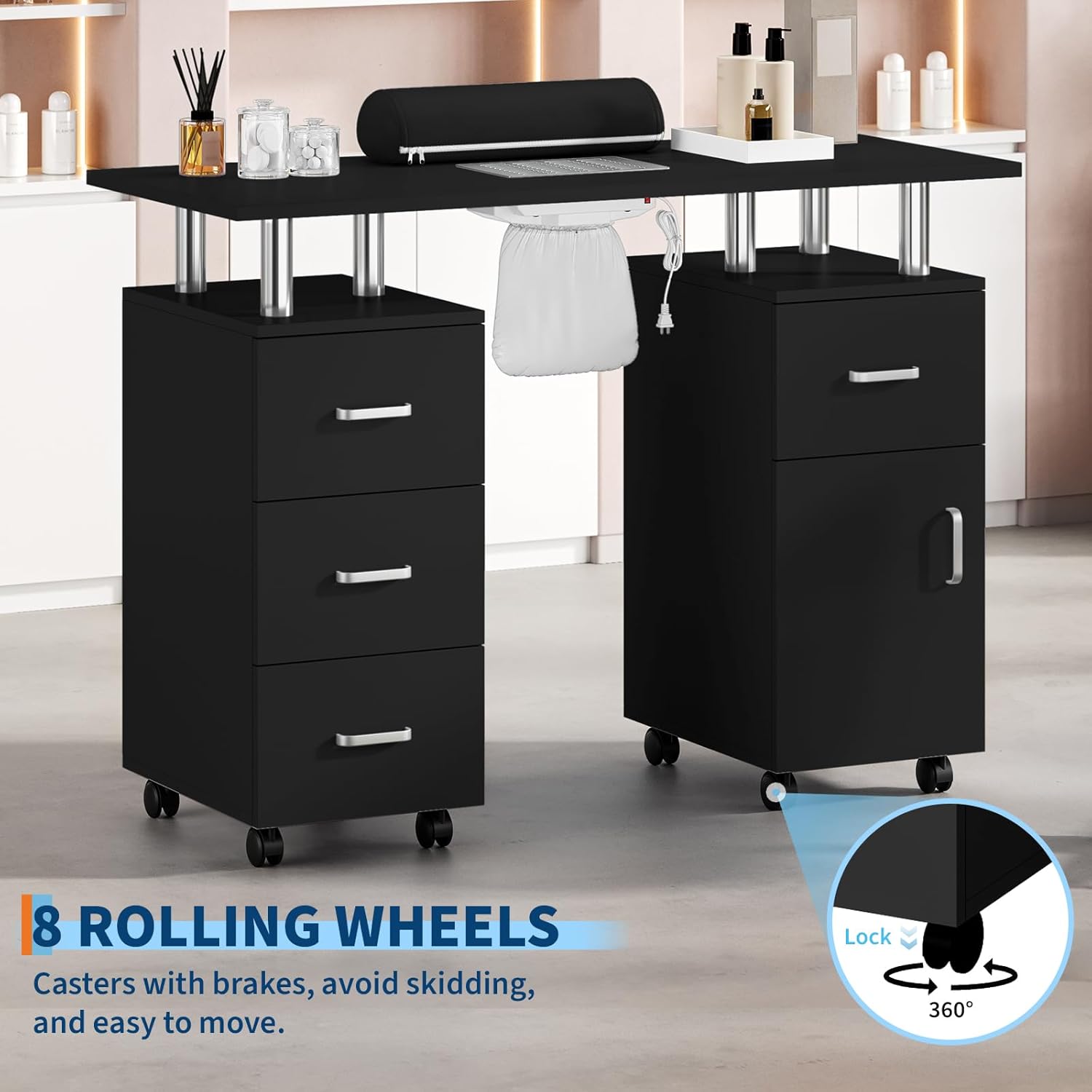 Professional Nail Desk with Electric Dust Collector, Nail Tech Table for Salon & Home Use, 4 Drawers Storage Cabinet, Lockable Wheels & Arm Rest Professional Nail Desk with Electric Dust Collector, Nail Tech Table for Salon & Home Use, 4 Drawers Storage Cabinet, Lockable Wheels & Arm Rest