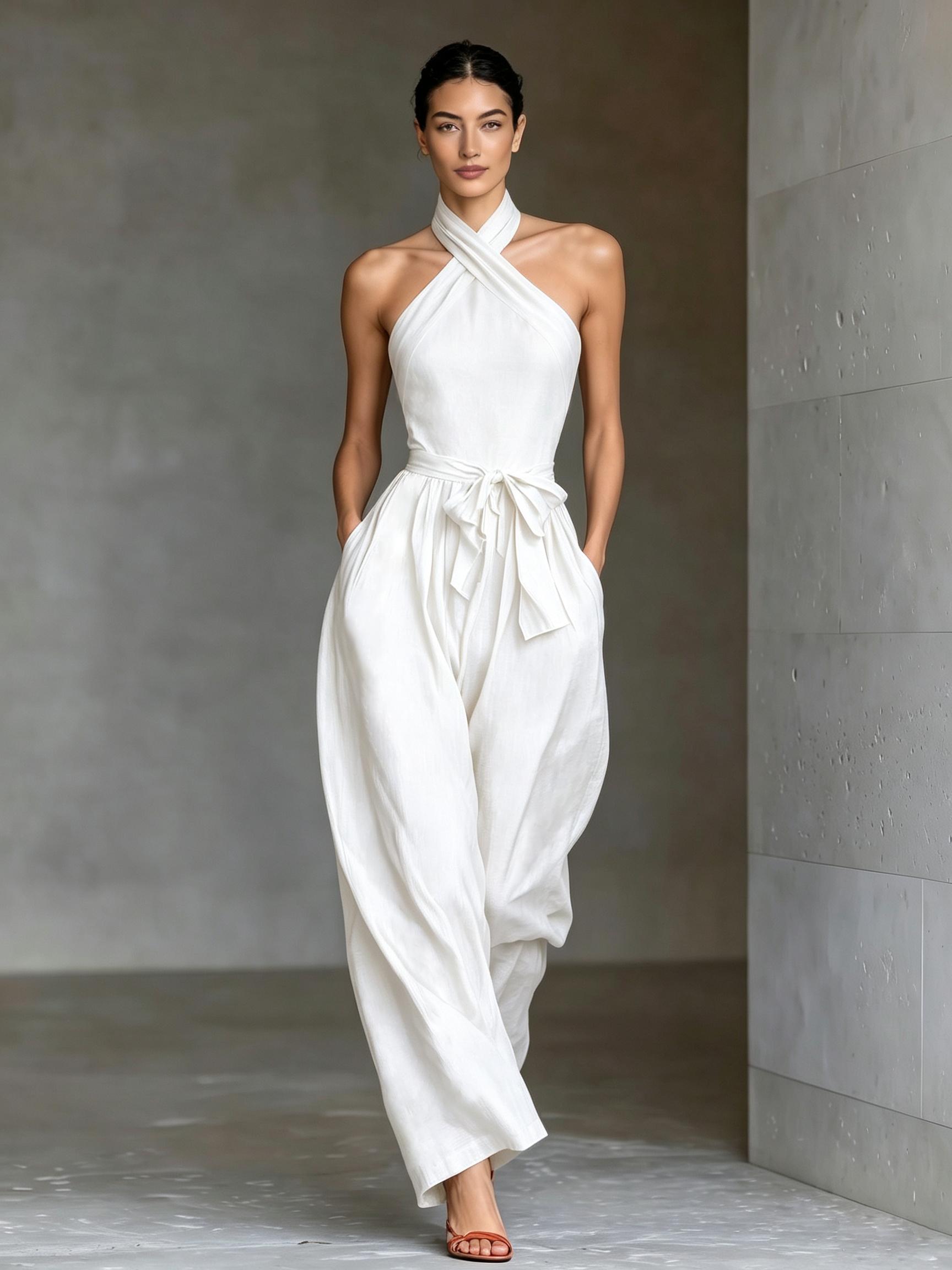 2026 Trendy Girl Wrap Halter Neck Jumpsuit, Adjustable Waist Wide Leg Pants with Pockets, Lightweight Breathable Earth Tone Sleepwear, Day Night Wear