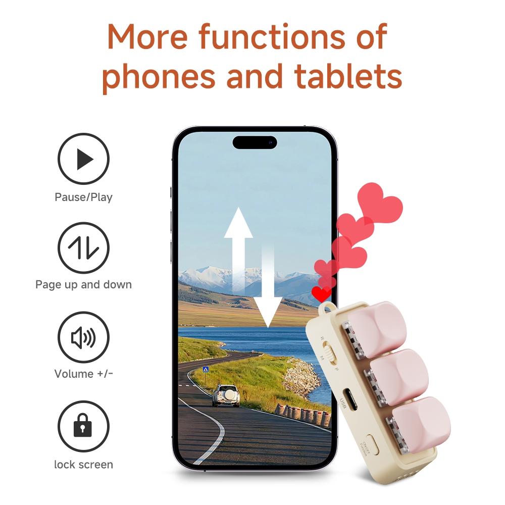 Free3 Bluetooth Page Turner, 3-Mode Control for E-Readers, Phones, Tablets and Computers, Kindle Page Turning, TikTok Scrolling, Camera Trigger, PPT/PDF Control, Hot-Swappable Switches