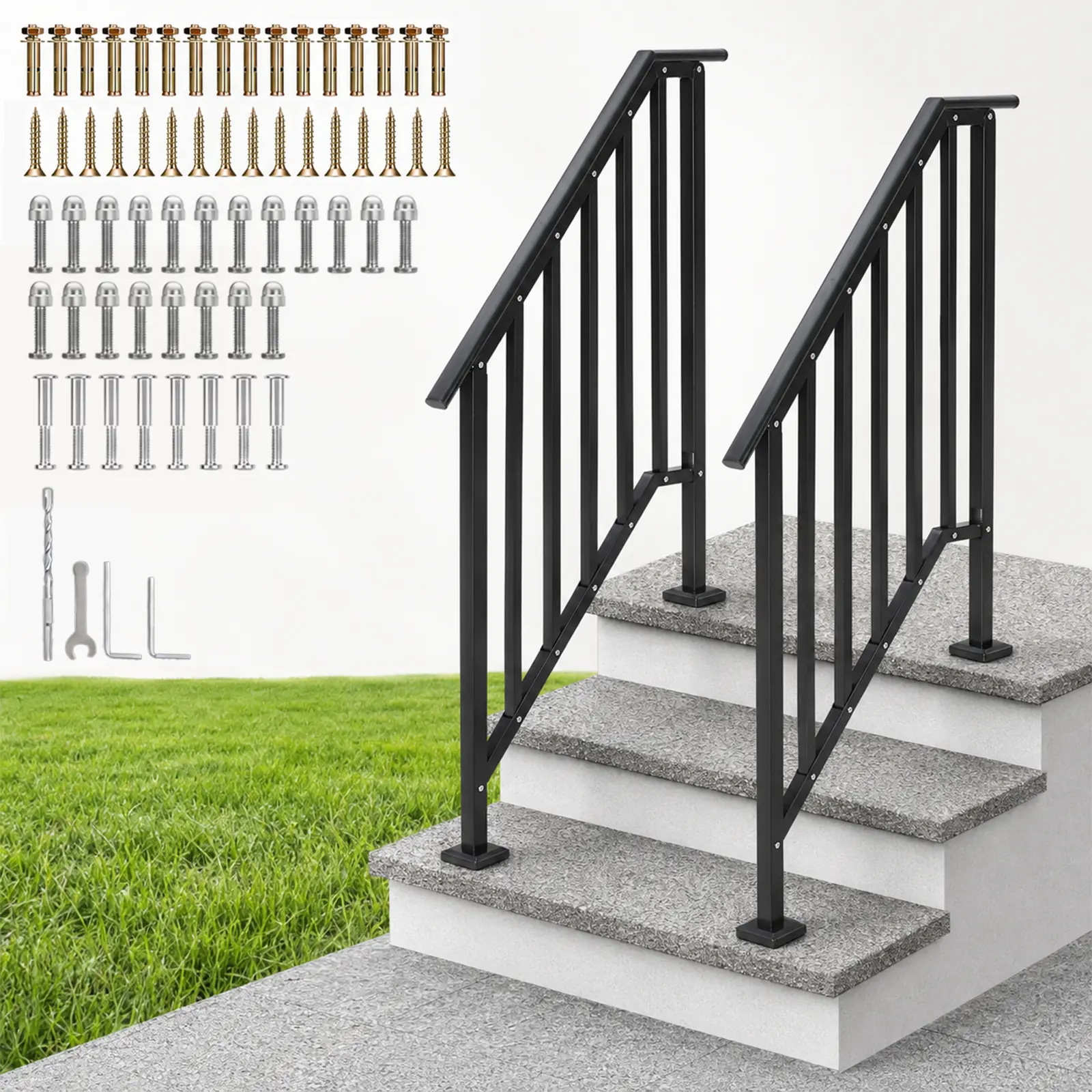 2-Pack Outdoor Stair Handrails for 3 Step – Heavy Duty Metal Railings, Anti-Rust Black Handrail for Outdoor Steps, Deck, Garden, Concrete & Wood Stairs with DIY Installation Kit