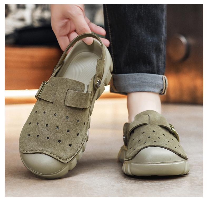 Men's Perforated Slingback Clog, Breathable Closed Toe Sandals, Non-Slip Two-Way Wear Slippers, Lightweight Vegan Leather Fisherman Shoes for Beach Hiking Travel, Retro Summer Athletic Outdoor Clogs, Big Size 11 12 13