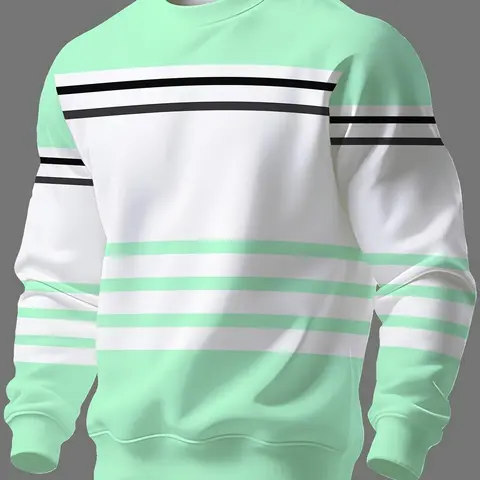 Men's Spring & Fall New Long Sleeve Sweatshirt, Simple Striped Multi-Color Print, Casual Fitted Round Neck, Unisex Fashion Top, Fashionable Sweatshirts
