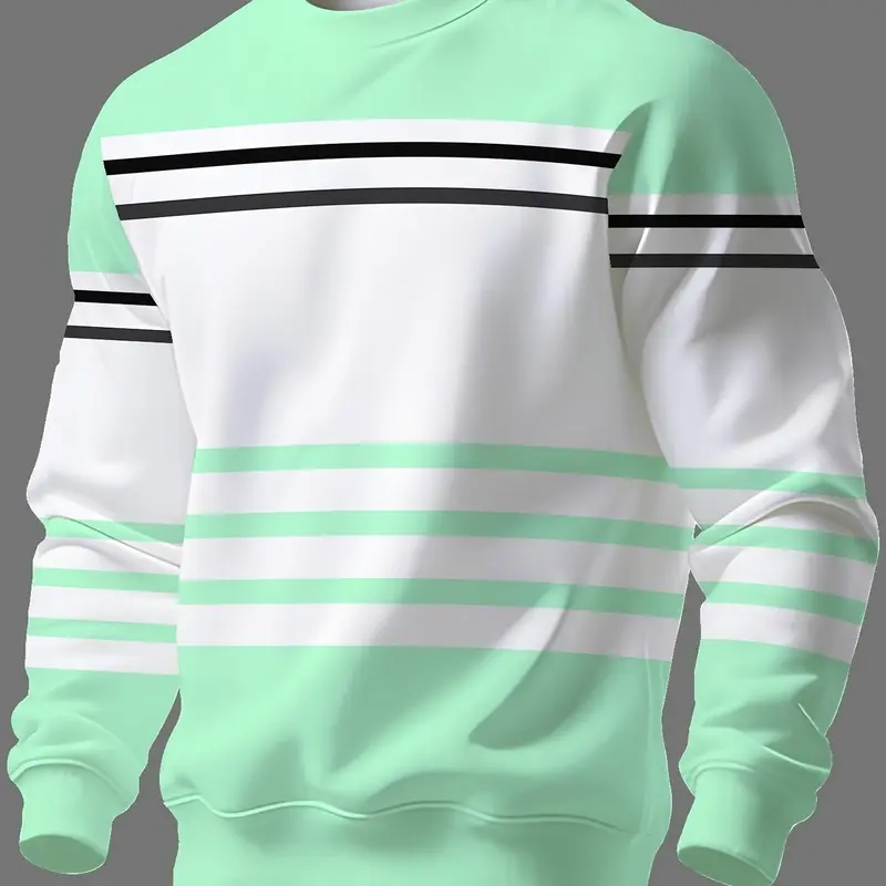Men's Spring & Fall New Long Sleeve Sweatshirt, Simple Striped Multi-Color Print, Casual Fitted Round Neck, Unisex Fashion Top, Fashionable Sweatshirts
