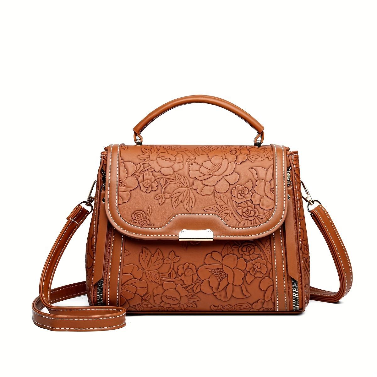 Ladies' Elegant Flower Embossed Handbag - Brown/Red/Black