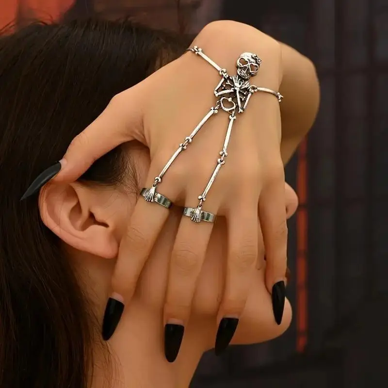 Women's Gothic Punk Skull Charm Bracelet-Ring, Adjustable Female Sports Wristband with Heart-Shaped Eyes, Sweet Bow Accent for Halloween, Everyday Wear, Daily, Bone Motif, Elevates Dark Aesthetic Outfit, Adults, Bold, Dark Fashion, Halloween Party