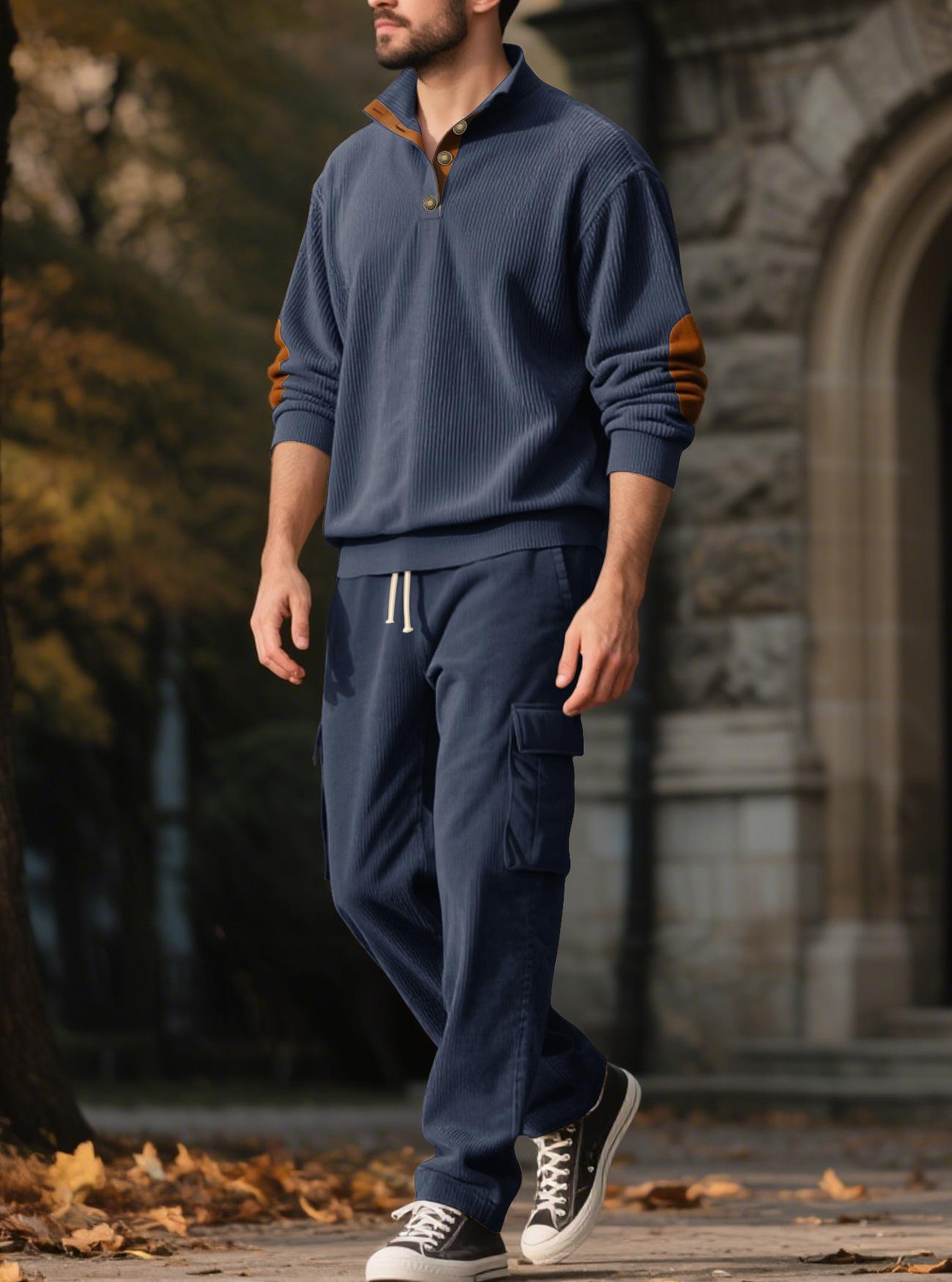 Men's Casual Sporty Corduroy Two-Piece Set (Long-Sleeve Collared Top & Loose-Fit Utility Pants) – Euro-American Style
