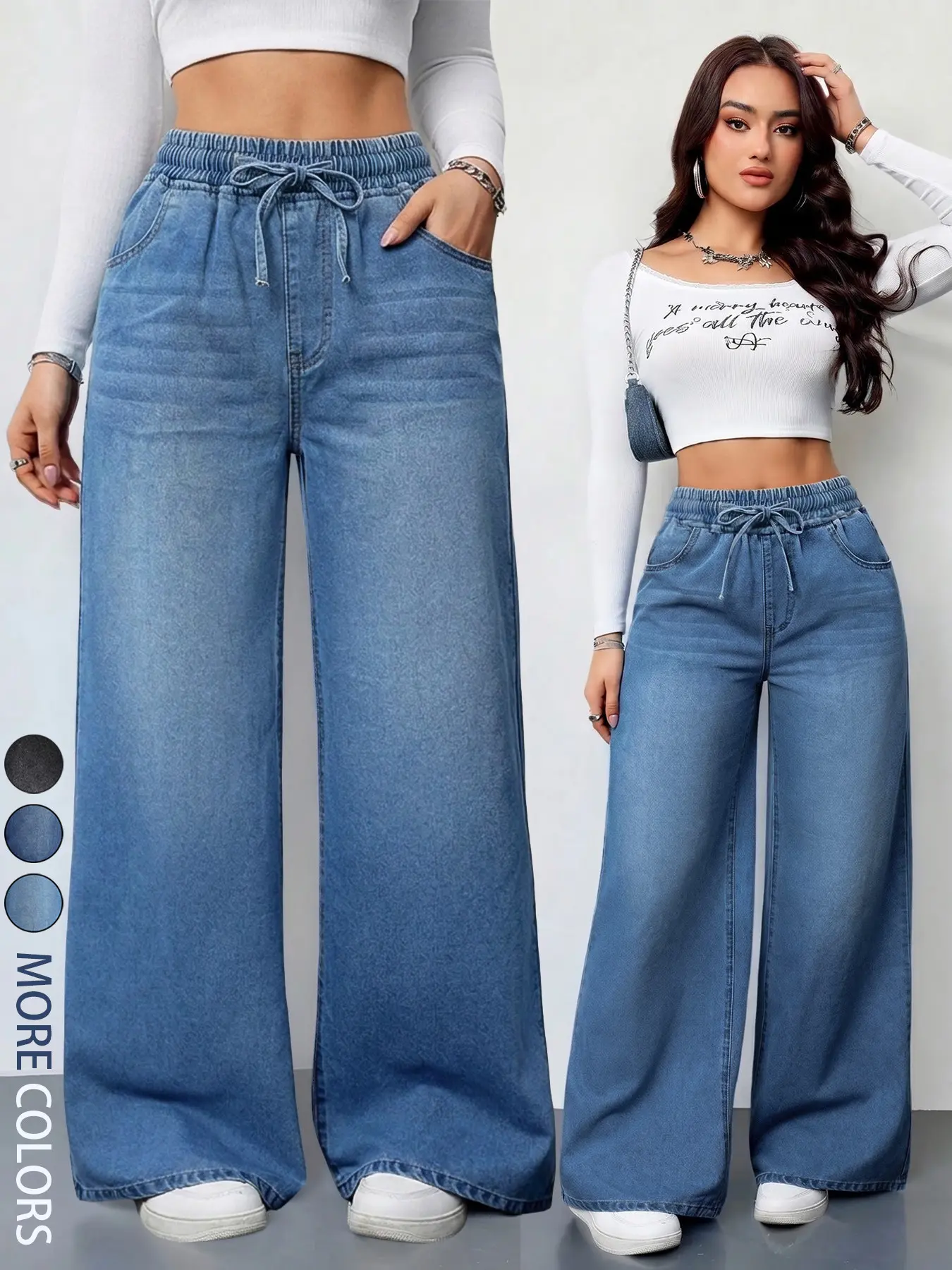 Women's Casual Elastic Waist Jeans With Pockets , Loose Fit Wide Leg Pants, Versatile Basic Denim, Comfortable and Stylish, Perfect for Everyday Wear
