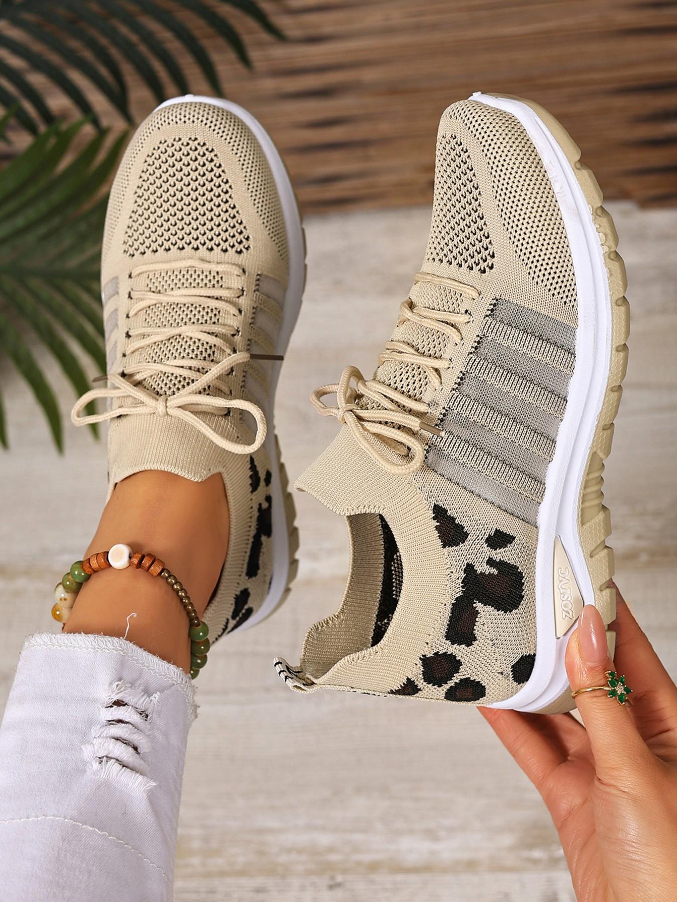 Women's Leopard Print Knit Casual Sneakers – Lightweight and Breathable, Slip-On for Comfortable Fit, Fashionable and Versatile Casual Shoes Suitable for Walking, Traveling, and Daily Wear – The Ideal Choice for Women