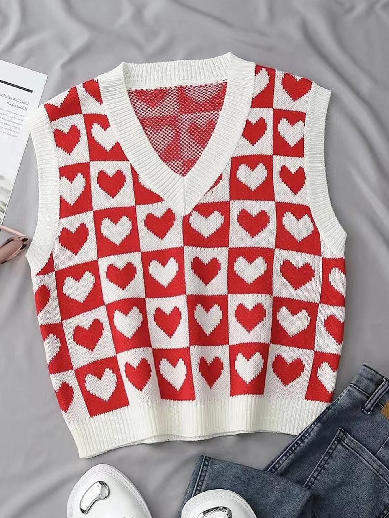 Women's Heart & Plaid Print V Neck Sweater Vest, Casual Sleeveless Knit Top for Daily Wear, Ladies Knitwear for All Seasons, Casual Comfy Vests