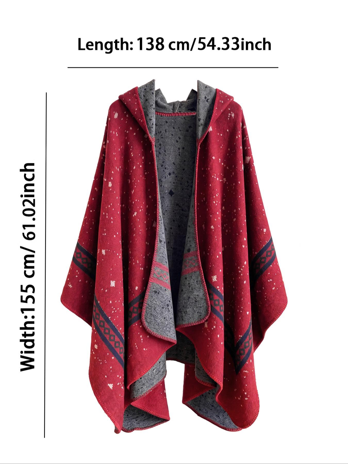 Boho Thick Hooded Shawl, Fall & Winter Vintage Warm Cape Coat, Women's Home Office Outerwear, Windproof Hooded Open Front Wrap