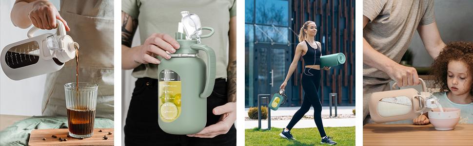 【WINSA】 64 oz Glass Water Bottle with Lid and Handle Half Gallon Water Bottle with Time Marker Large Water Bottle with Silicone Sleeve for Coffee, Juice Homemade Beverages Hydration Tumbler Waterbottle Drinkware