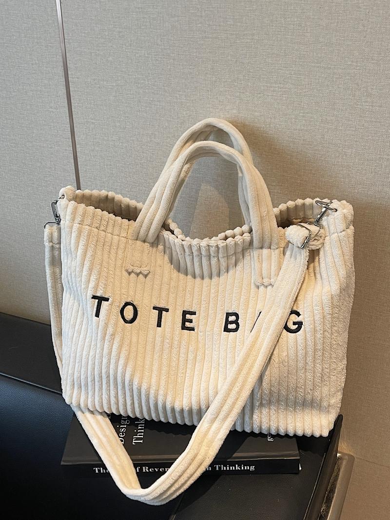 Large Capacity Corduroy Letter Design Handbag, Handbag Shoulder Purse, Casual Fashion Shoulder Bag, Work & Daily Use, Stylish Tote Bag for Fall & Winter