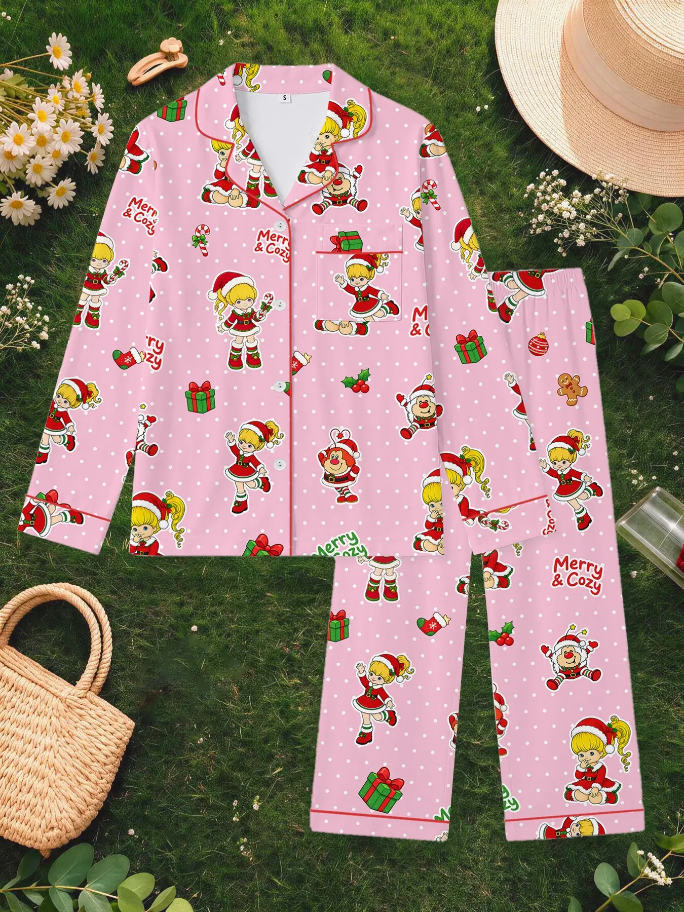 Women's Long Sleeve Pajama Set, Soft Comfortable Fabric, Christmas Rainbow Girl Fairy Print, Loose Fit, Casual Home Wear, Cozy Loungewear Sleepwear, Spring Fall